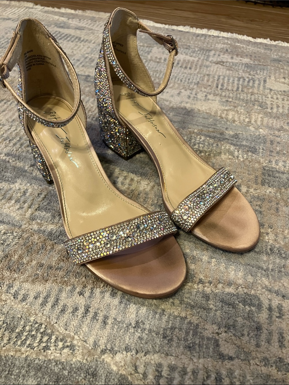 Blue by Betsey Johnson Mari Champagne Rhinestone Block Heel Sandals